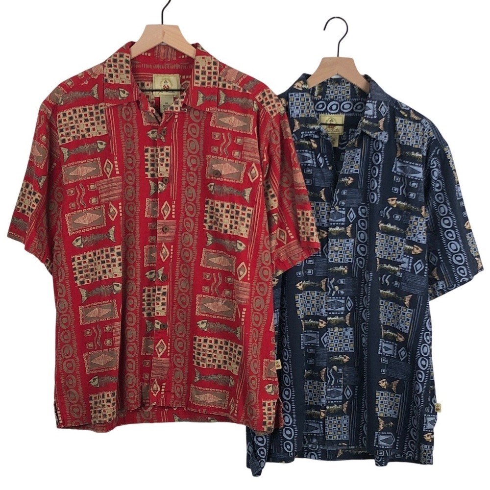 JOE MARLIN Lot of 2 Short Sleeve Cotton Tribal Fish Bone Shirts Men's XXL